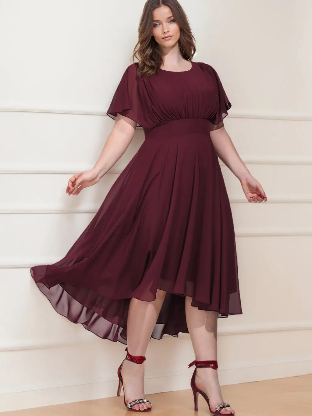 A-Line/Princess Scoop Short Sleeves Asymmetrical Plus Size Bridesmaid Dresses with Ruffles — view 1