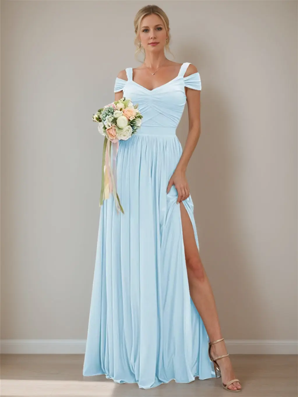 A-Line/Princess Off-the-shoulder Sleeveless Floor Length Bridesmaid Dresses Chiffon with Ruffles — view 1