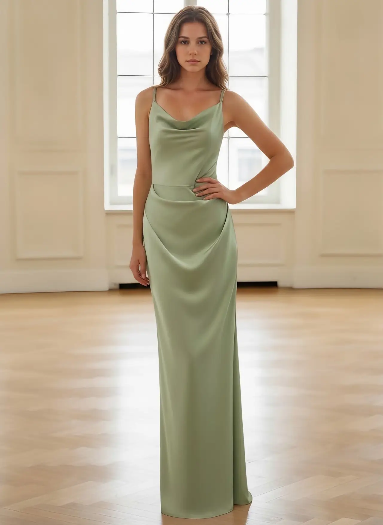 Sheath/Column Spaghetti Straps Silk Satin Bridesmaid Dresses Sleeveless Floor-Length Ruched — view 1