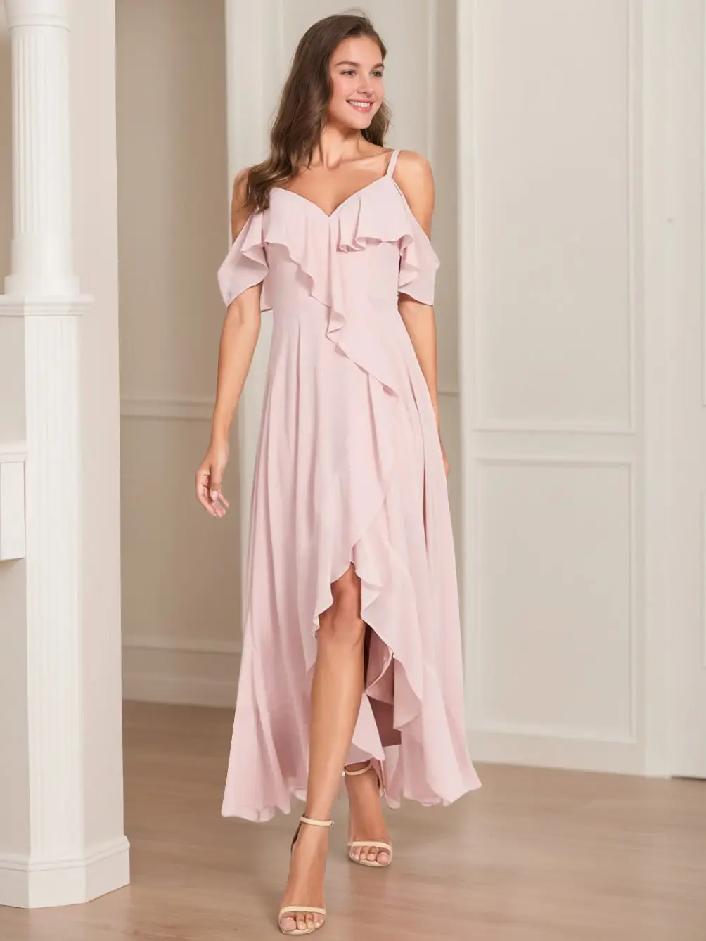 A-Line/Princess Spaghetti Straps V-Neck Short Sleeves Asymmetrical Bridemaid Dresses With Ruffles — view 1