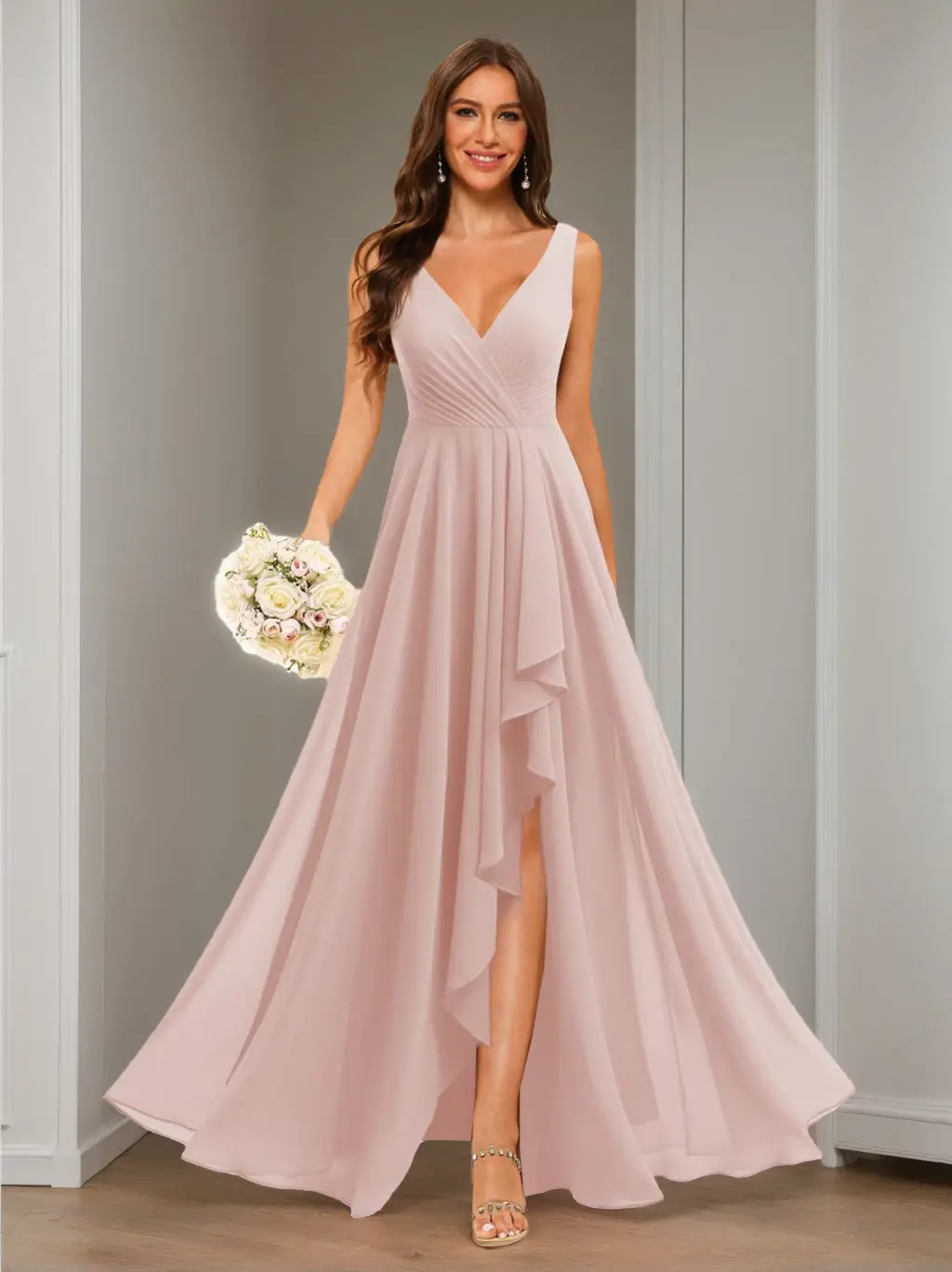 A-Line/Princess V Neck Sleeveless Floor Length Bridesmaid Dresses Chiffon with Slit Pockets — view 1