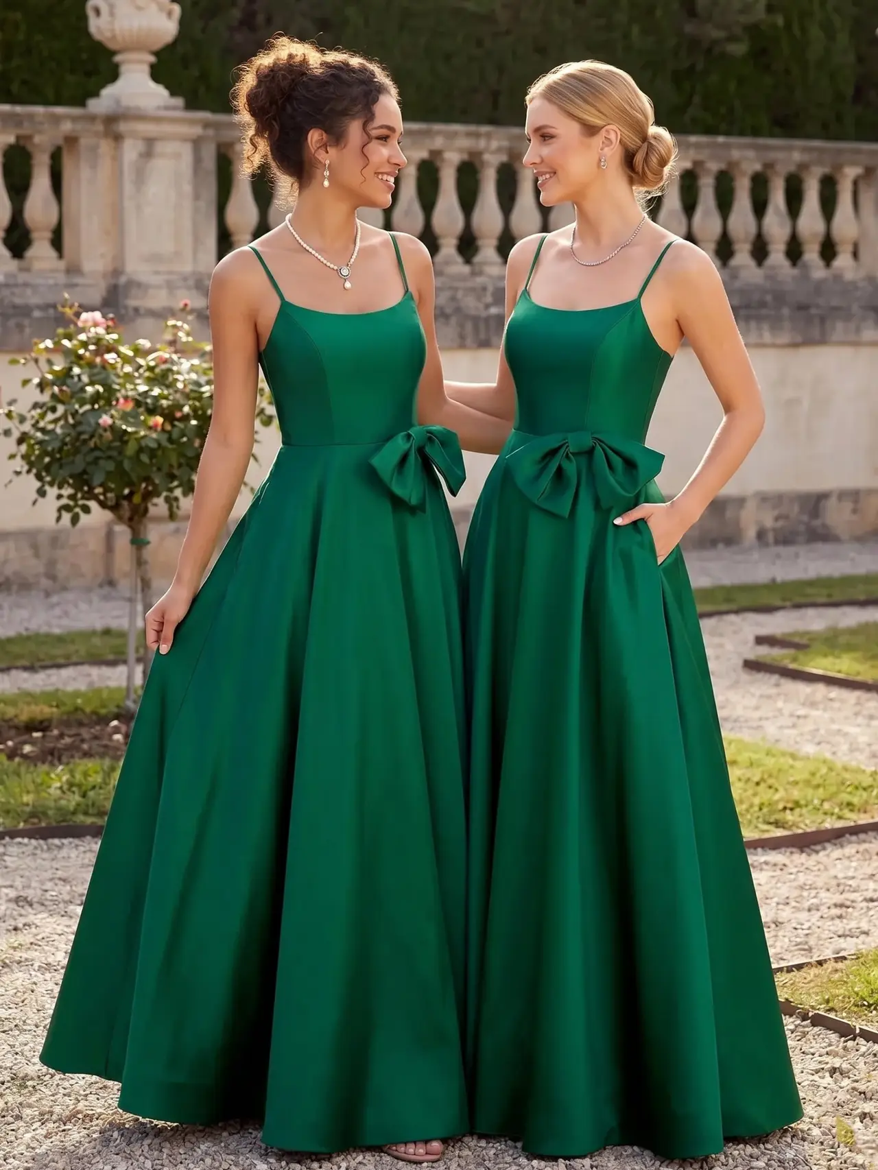 A-Line/Princess Square Neckline Satin Bridesmaid Dresses Sleeveless Floor-Length With Bow — view 1