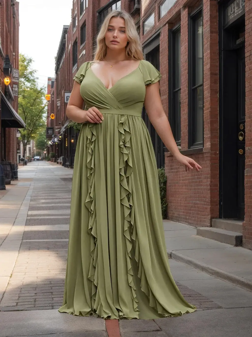 A-Line/Princess Deep V-Neck Short Sleeves Floor-Length Chiffon Plus Size Bridesmaid Dresses with Ruched — view 1