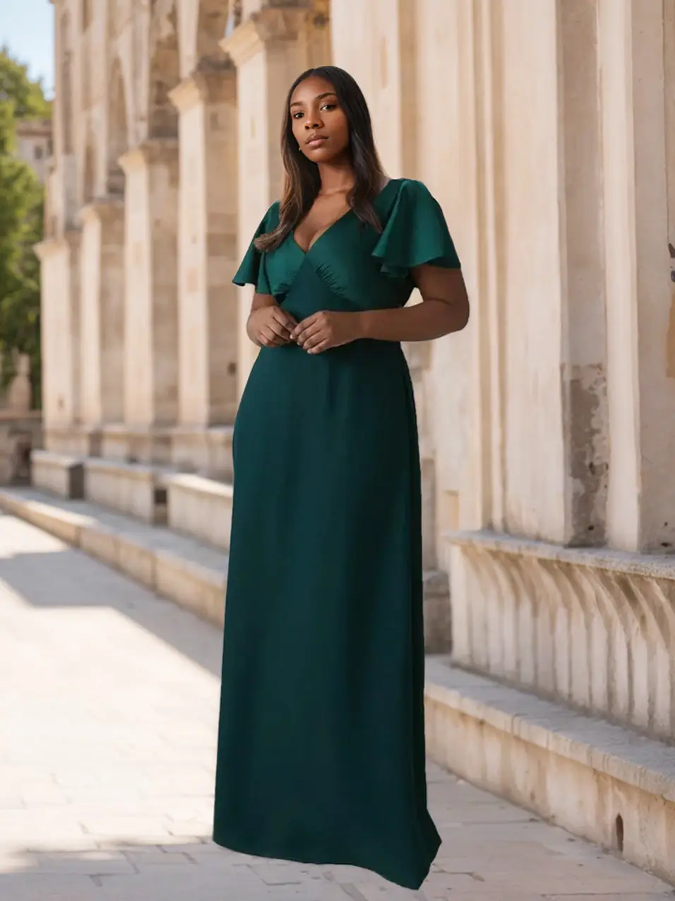 A-Line/Princess V-Neck Short Sleeves Floor-Length Stretch Satin Plus Size Bridesmaid Dresses — view 1