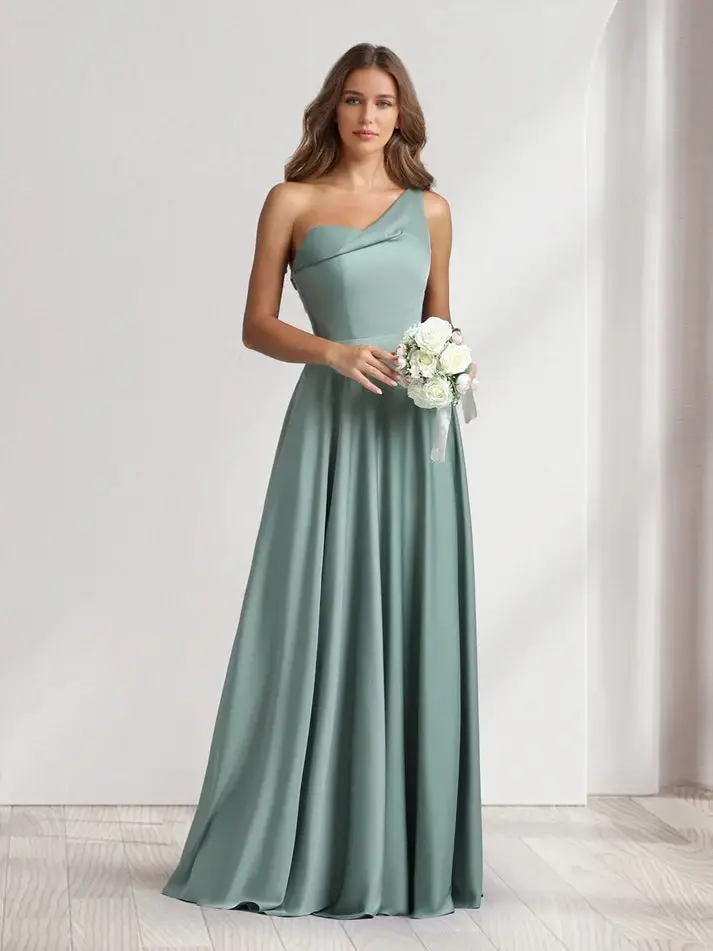 A-Line/Princess One-Shoulder Floor-Length Bridesmaid Dresses With Pockets — view 1