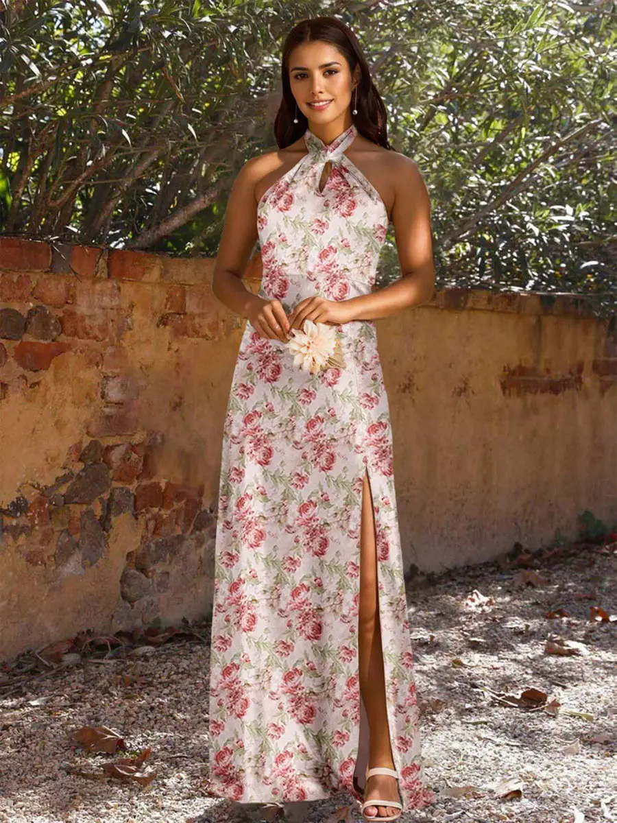 Sheath/Column Criss Cross Sleeveless Printed Floral Long Bridesmaid Dresses with Split Side — view 1
