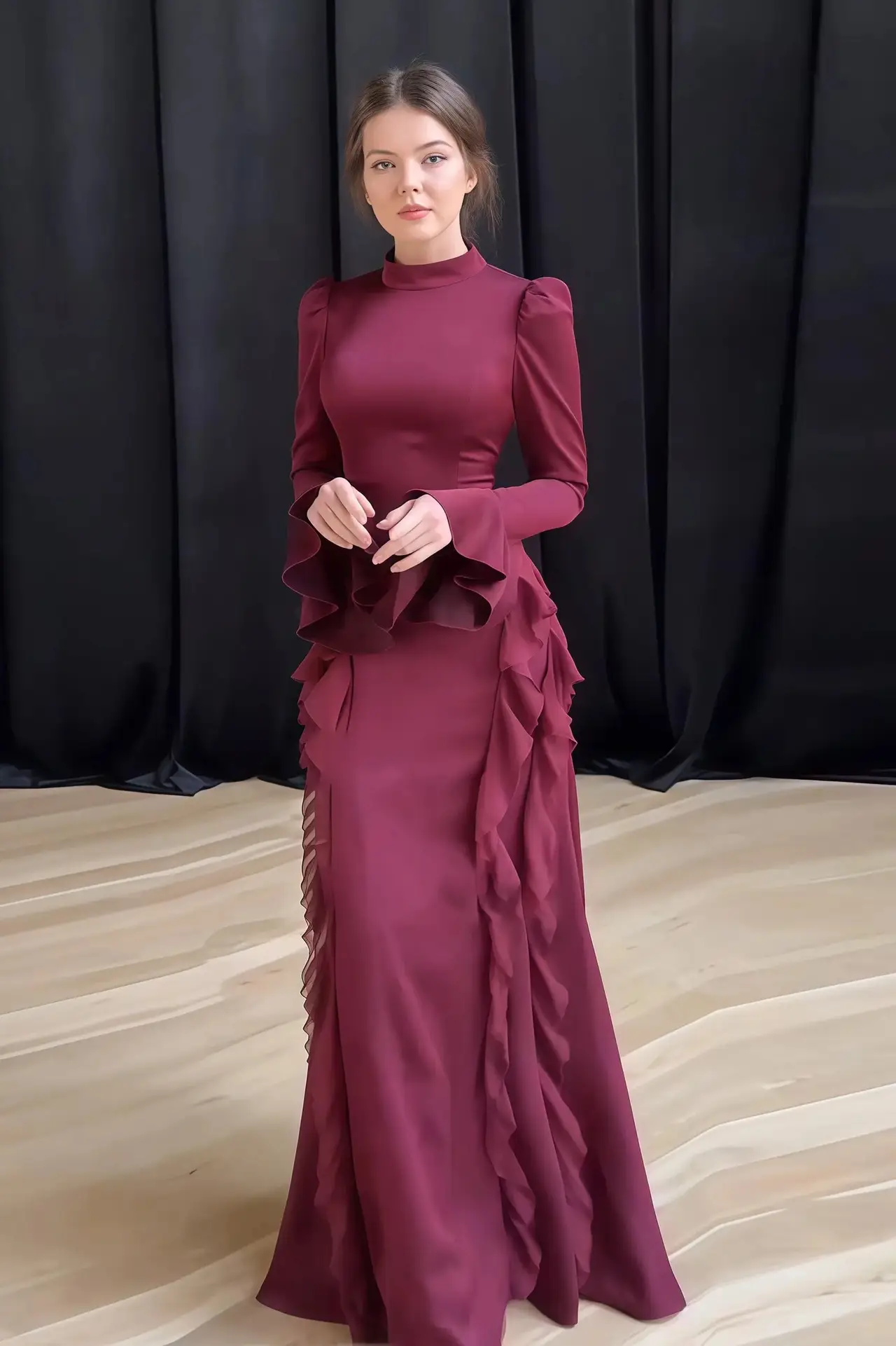 Aria — Sheath — High Neck — Long Sleeve — Floor-Length — view 1