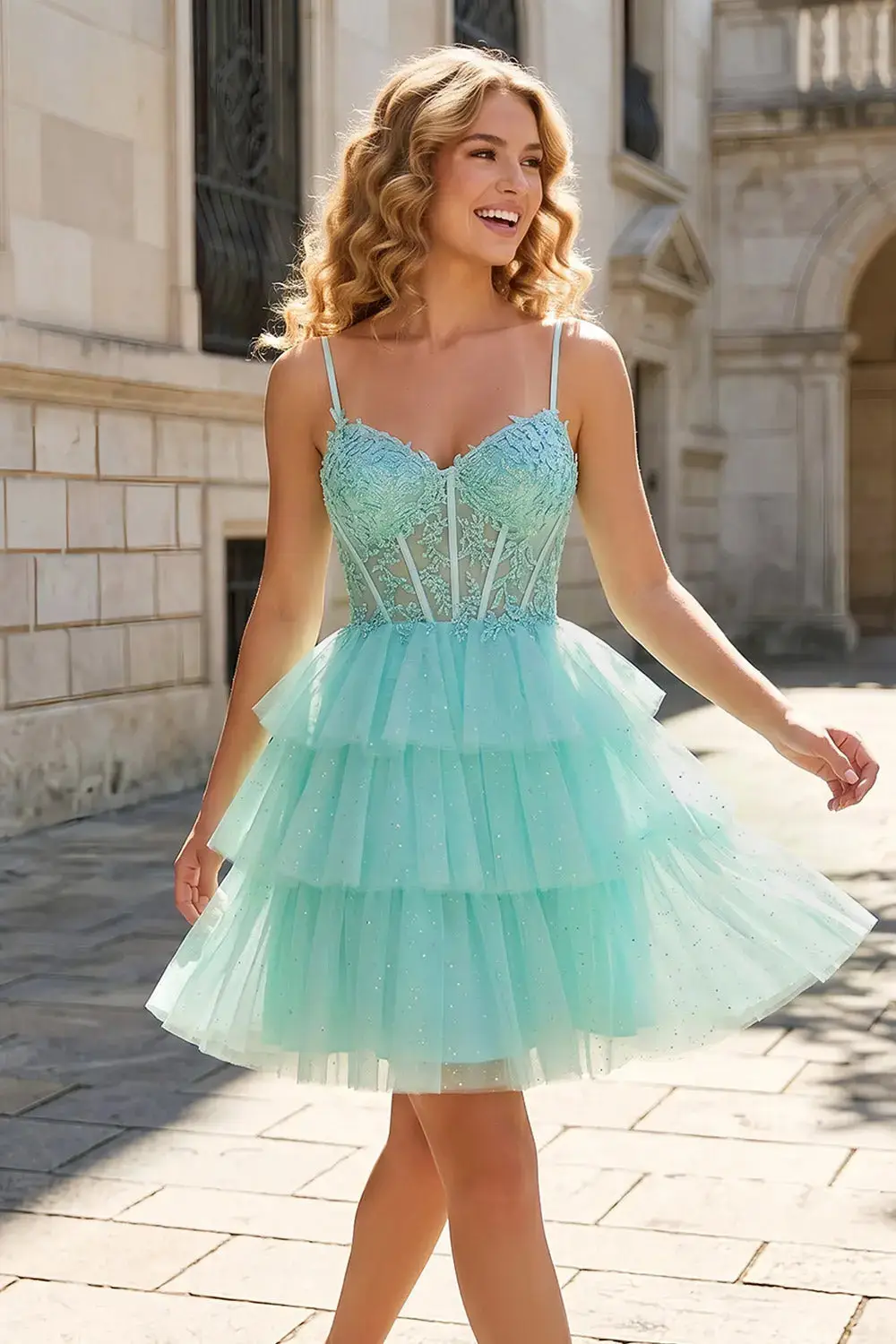 Turquoise Beaded Corset Tiered Tulle Homecoming Dress with Lace-Up Back — view 1