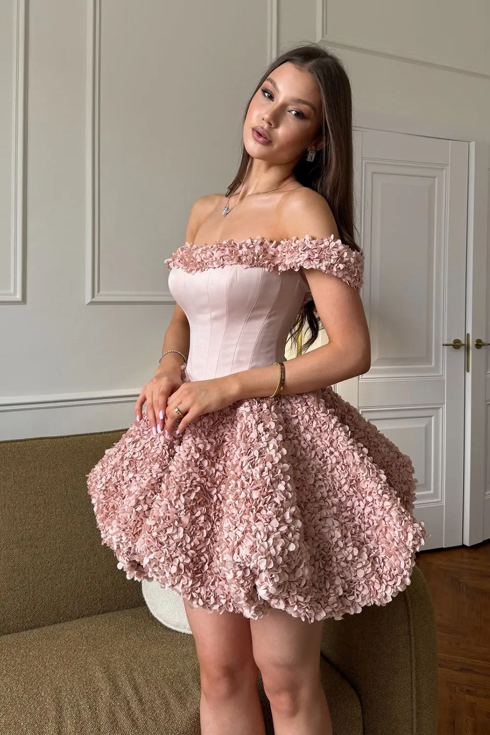 Pink Off-Shoulder Corset Mini Homecoming Dress with 3D Floral Petal — view 1