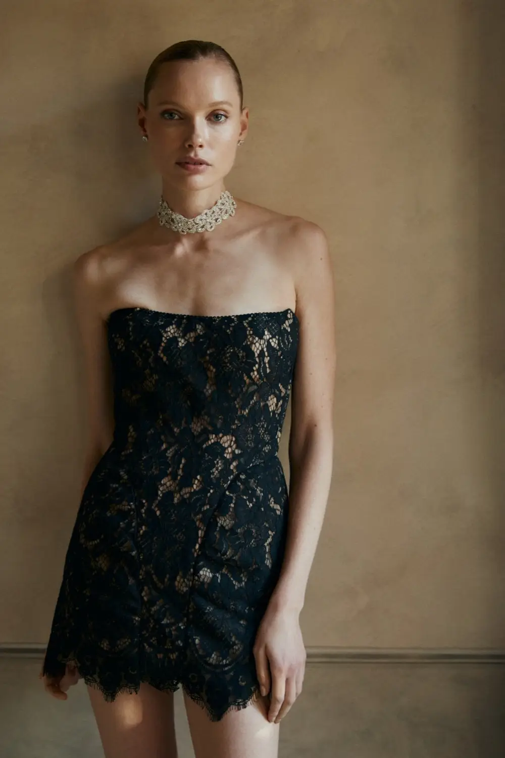 Romantic Strapless Black Lace Homecoming Dress with Floral Details — view 1