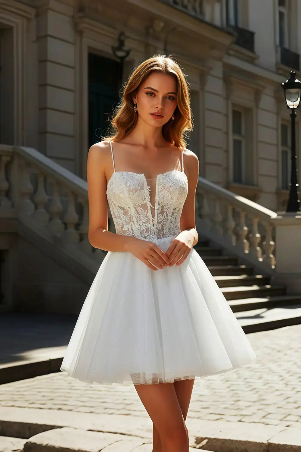 White Intricate Lace Tulle Mini Ballgown Homecoming Dress — view 1