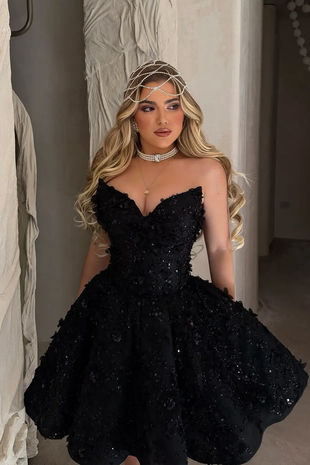 Black 3D Floral Beaded Mini Ball Gown Homecoming Dress — view 1