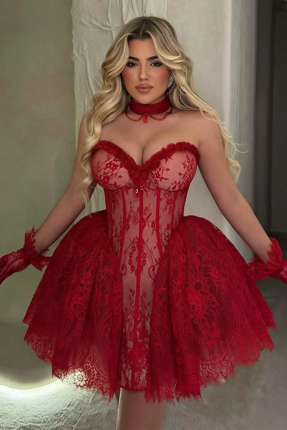 Red Dreamy Sheer Lace Corset Mini Dress Ruffle Sweetheart Homecoming Dress — view 1