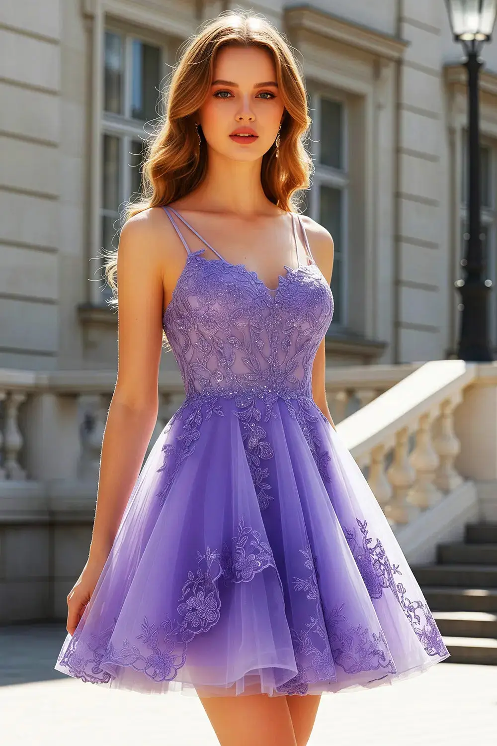 Lavender Lace Appliqué Tulle Homecoming Dress with Spaghetti Straps — view 1