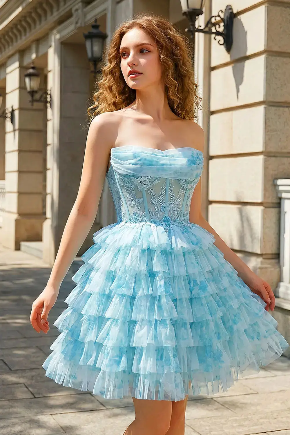 Aqua Strapless Tiered Tulle Homecoming Dress with Lace Corset Bodice — view 1