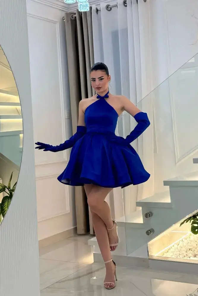 Minimal Royal Blue Satin Halter Mini Ballgown Homecoming Dress — view 1