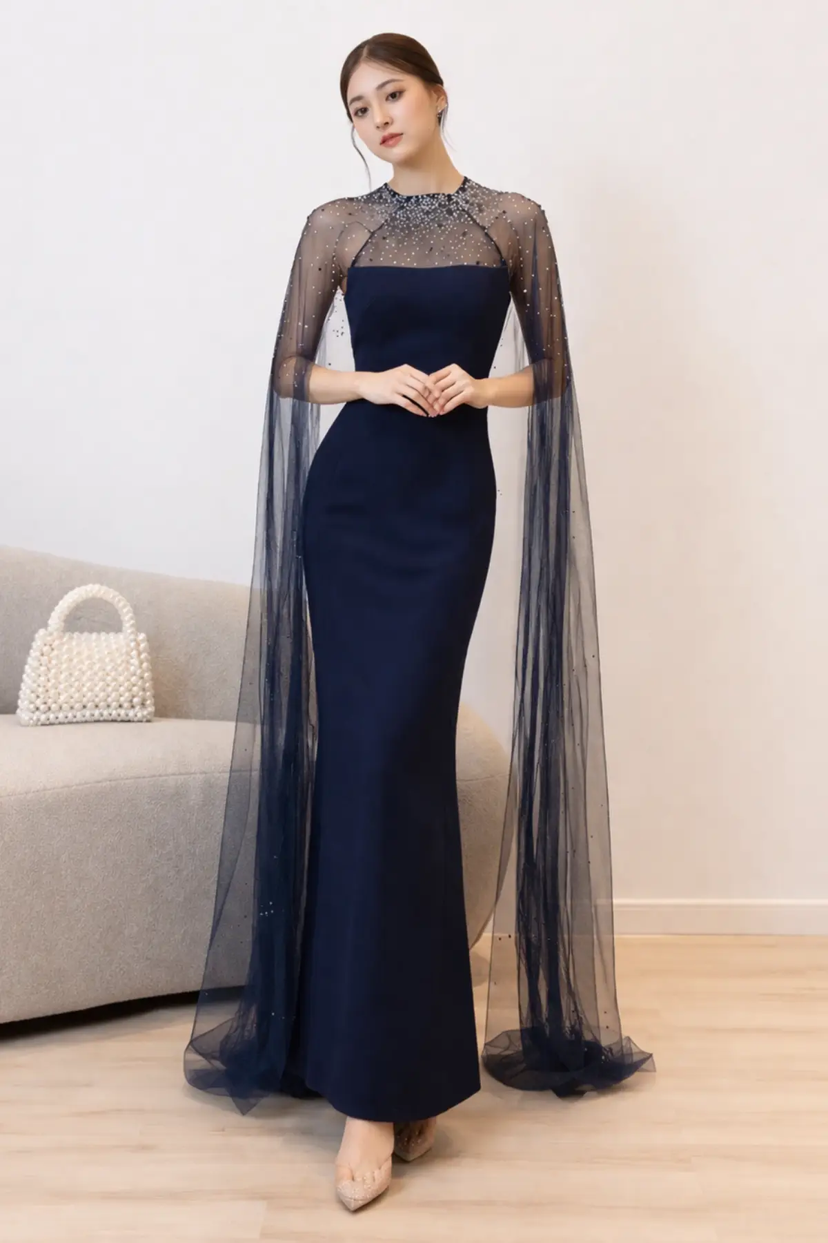 Georgia Navy Cape Gown wedding guest dress, view 1