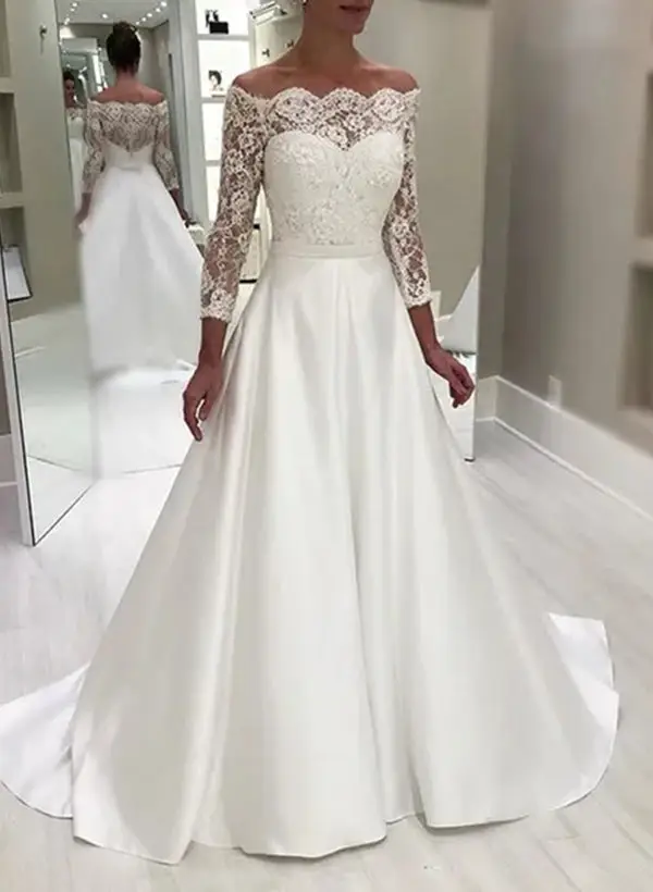 Satin A-Line Floor-Length Wedding Dress — LV71455029 — view 1