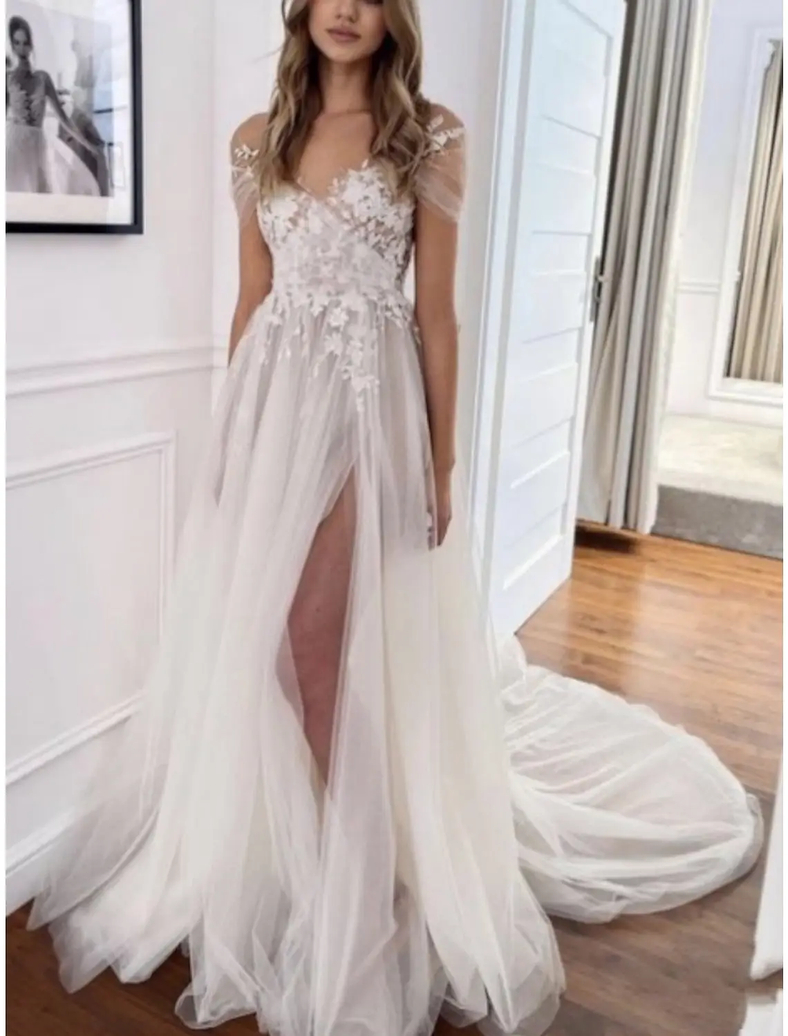 V-Neck Tulle A-Line Floor-Length Wedding Dress — LV17246005 — view 1