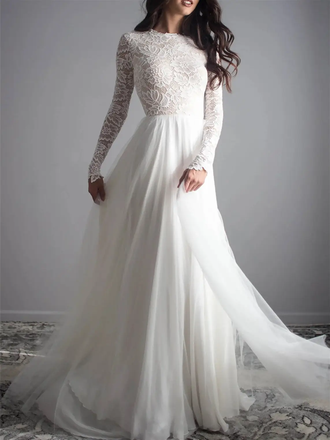 Scoop Tulle A-Line Floor-Length Wedding Dress — LV67719477 — view 1
