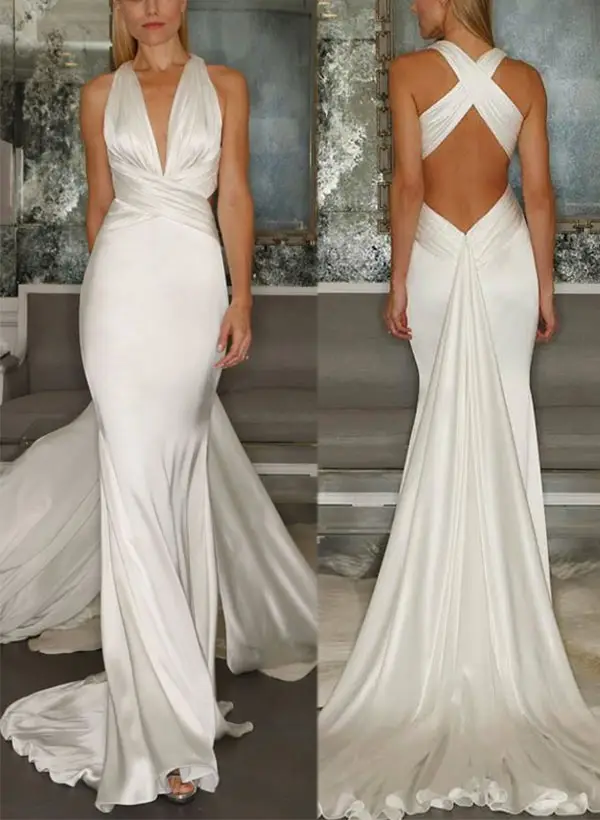 V-Neck Silk Satin Mermaid Floor-Length Wedding Dress — LV64147765 — view 1