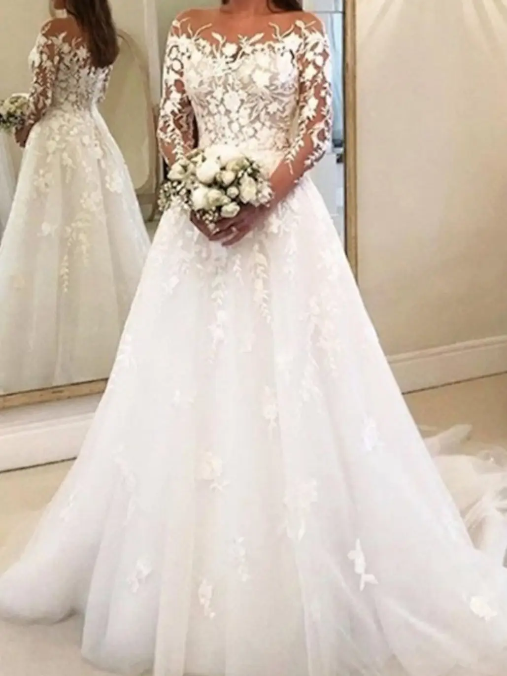 Long Sleeve Tulle Ball Gown Floor-Length Wedding Dress — LV99305013 — view 1