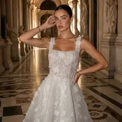 3D Floral Appliqué Short with Sparkle Tulle — SW722 Ivory wedding dress, full-length back view