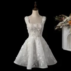 3D Floral Appliqué Short with Sparkle Tulle — SW722 Ivory wedding dress, full-length side view