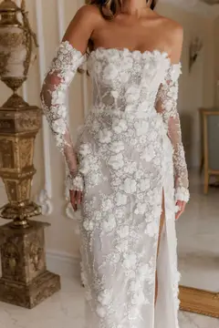3D Floral Sequin Strapless with Detachable Sleeves — SW085 Ivory wedding dress, full-length back view