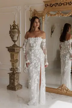 3D Floral Sequin Strapless with Detachable Sleeves — SW085 Ivory wedding dress, view 4
