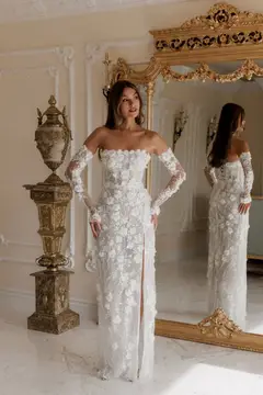 3D Floral Sequin Strapless with Detachable Sleeves — SW085 Ivory wedding dress, view 5