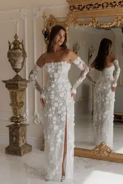3D Floral Sequin Strapless with Detachable Sleeves — SW085 Ivory wedding dress, view 6