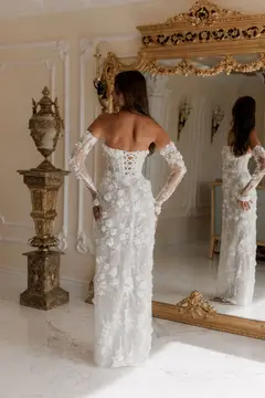 3D Floral Sequin Strapless with Detachable Sleeves — SW085 Ivory wedding dress, close-up detail