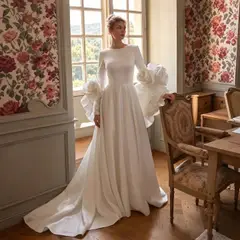 A-Line Satin 3D Rose Floral With Veil — SW661 Ivory wedding dress, full-length back view