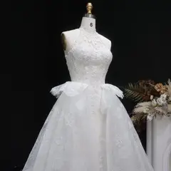 A-Line with Lace Embroidery and Overskirt — SW651 Ivory wedding dress, full-length side view