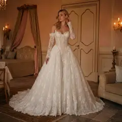 Ball Gown Beaded With Veil — SW715 Ivory wedding dress, full-length side view