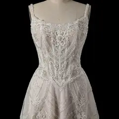Beaded Lace Short with Lace-Up Corset Back — SW707 Ivory wedding dress, full-length side view