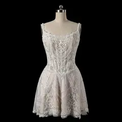 Beaded Lace Short with Lace-Up Corset Back — SW707 Ivory wedding dress, view 4