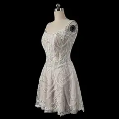 Beaded Lace Short with Lace-Up Corset Back — SW707 Ivory wedding dress, view 5