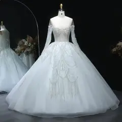 Beaded Long Sleeve Ball Gown — SW515 Ivory wedding dress, full-length front view