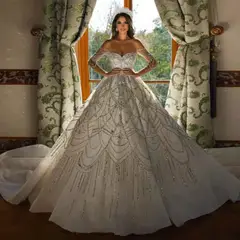 Beaded Long Sleeve Ball Gown — SW515 Ivory wedding dress, full-length back view