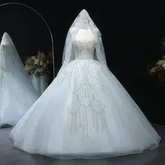 Beaded Long Sleeve Ball Gown — SW515 Ivory wedding dress, full-length side view