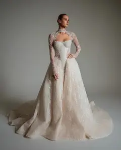 Beaded Long Sleeve Train with Overskirt — SW168 Ivory wedding dress, full-length back view