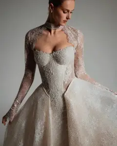 Beaded Long Sleeve Train with Overskirt — SW168 Ivory wedding dress, full-length side view