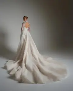 Beaded Long Sleeve Train with Overskirt — SW168 Ivory wedding dress, close-up detail