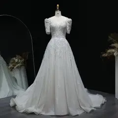 Beaded Puffy Lace Off Shoulder — SW038 Ivory wedding dress, full-length front view