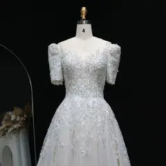 Beaded Puffy Lace Off Shoulder — SW038 Ivory wedding dress, full-length back view