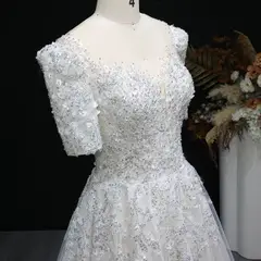 Beaded Puffy Lace Off Shoulder — SW038 Ivory wedding dress, full-length side view