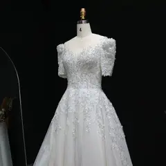 Beaded Puffy Lace Off Shoulder — SW038 Ivory wedding dress, view 4