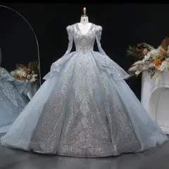 Sequin Embroidery Ball Gown — SW607 Dusty Blue wedding dress, full-length front view